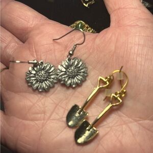 Silver Tone Sun Flower and Gold Shovel Earrings